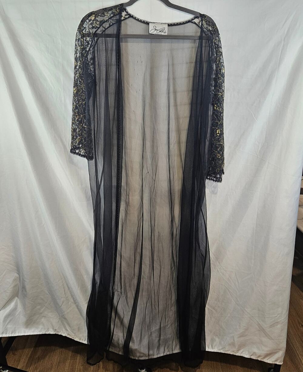 VTG 80s Joan Collins Collection Black Gold Metallic Lace Sheer Duster Robe M USA